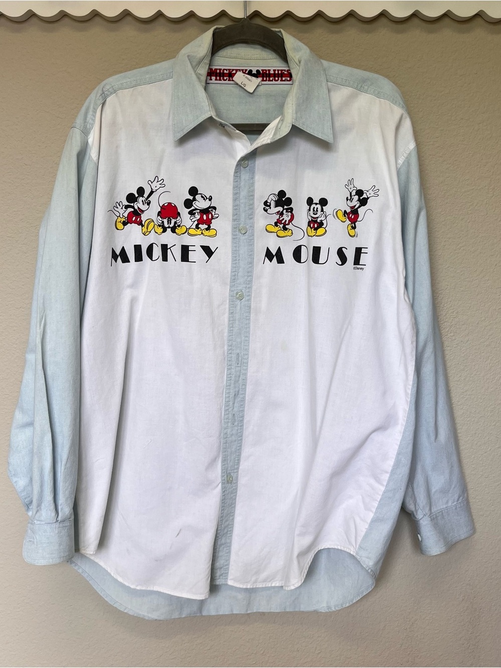 Vintage Disney Mickey Mouse Button-Up Shirt in White & Light Blue